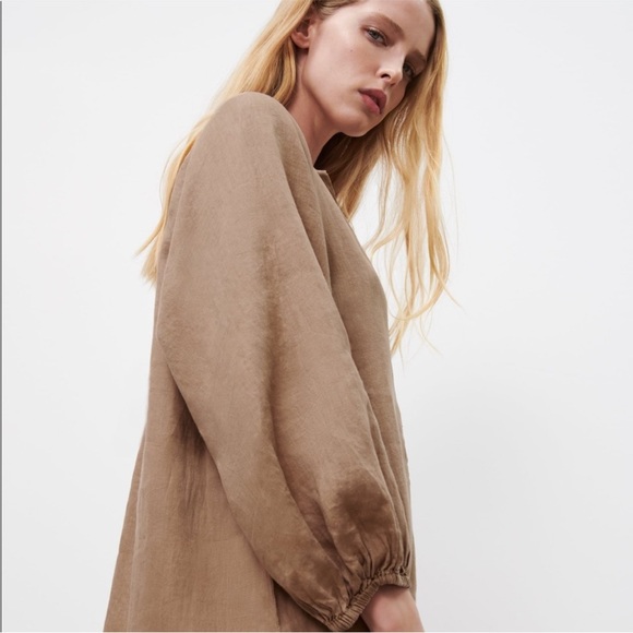 Zara Tan Boho Oversized Linen Midi Dress Size M - Picture 4 of 14